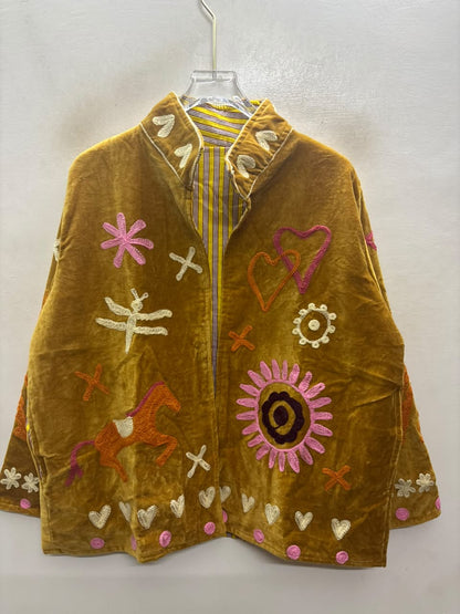 The Chidiya Bagh — Suzani Hand-Embroidered Velvet Jacket — Mustard Gold with Ivory Hummingbird & Rose Florals