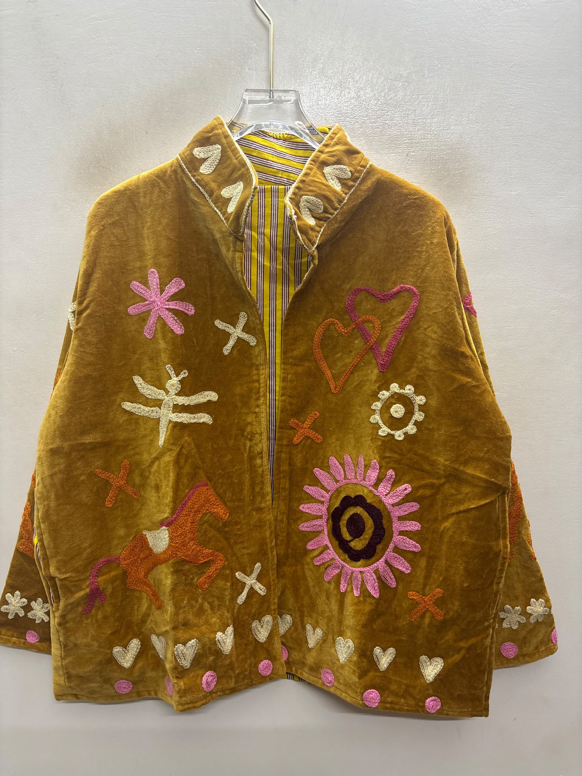 The Chidiya Bagh — Suzani Hand-Embroidered Velvet Jacket — Mustard Gold with Ivory Hummingbird & Rose Florals