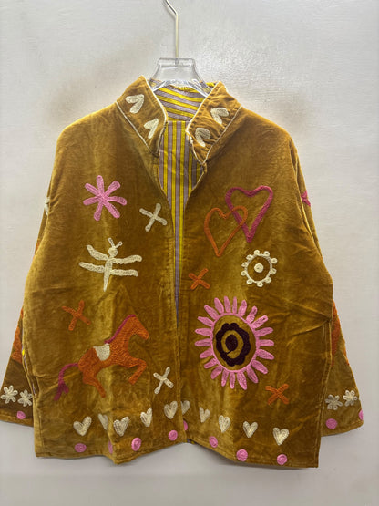 The Chidiya Bagh — Suzani Hand-Embroidered Velvet Jacket — Mustard Gold with Ivory Hummingbird & Rose Florals