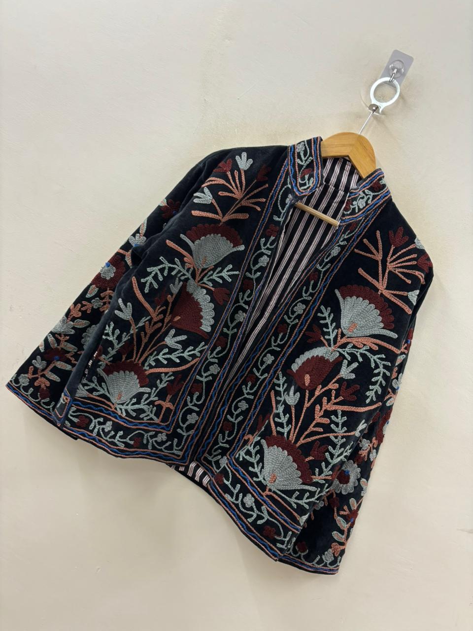 The Midnight Garden — Suzani Hand-Embroidered Velvet Jacket — Noir with Dusty Rose, Slate & Burgundy - Default Title - Zoshak Jacket