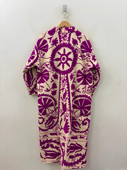The Bahar Suzani — Hand-Embroidered Velvet Kimono — Ivory & Magenta