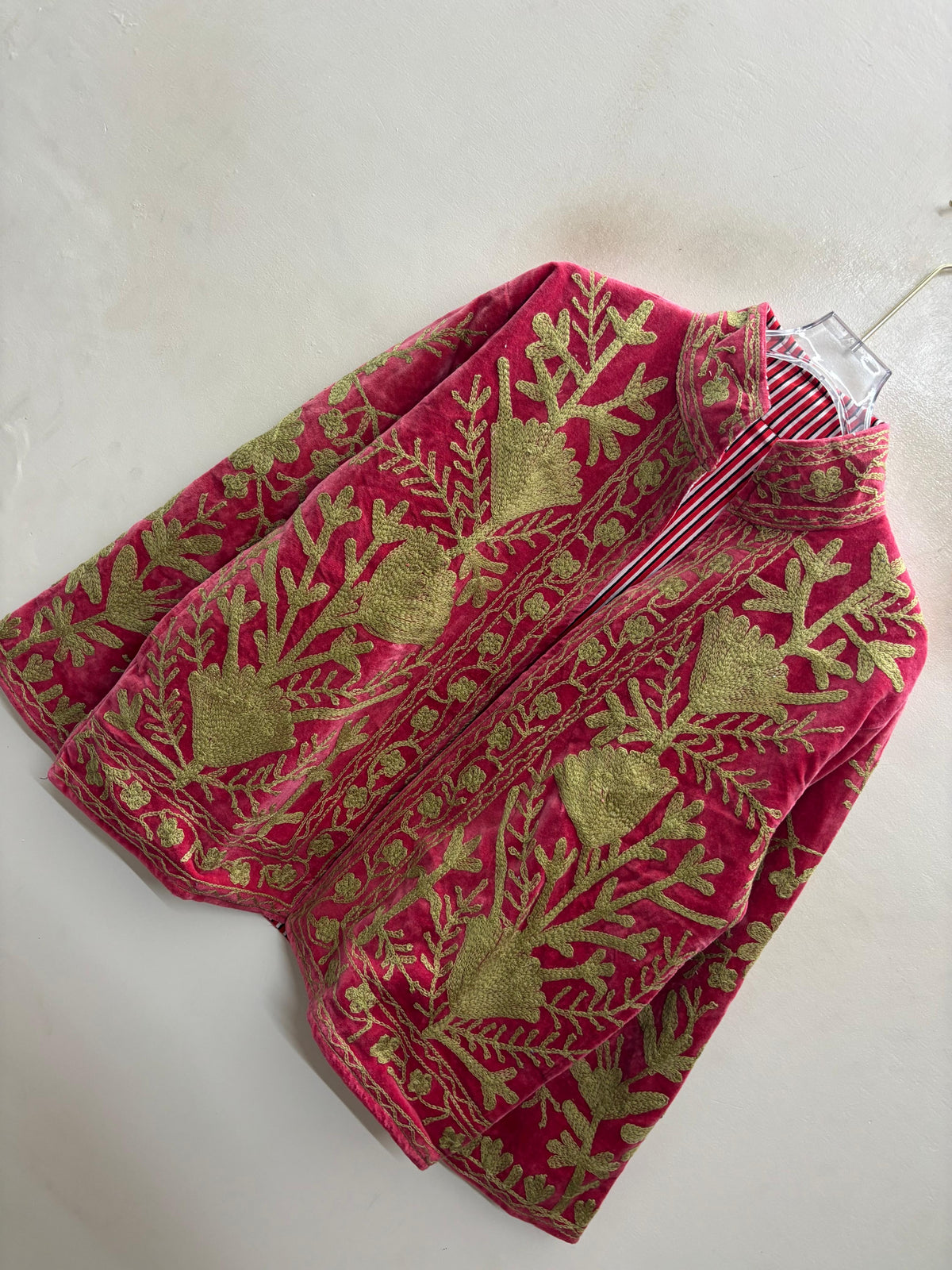 The Anarkali Vine — Suzani Hand-Embroidered Velvet Jacket — Rani Pink with Olive Gold Pomegranates
