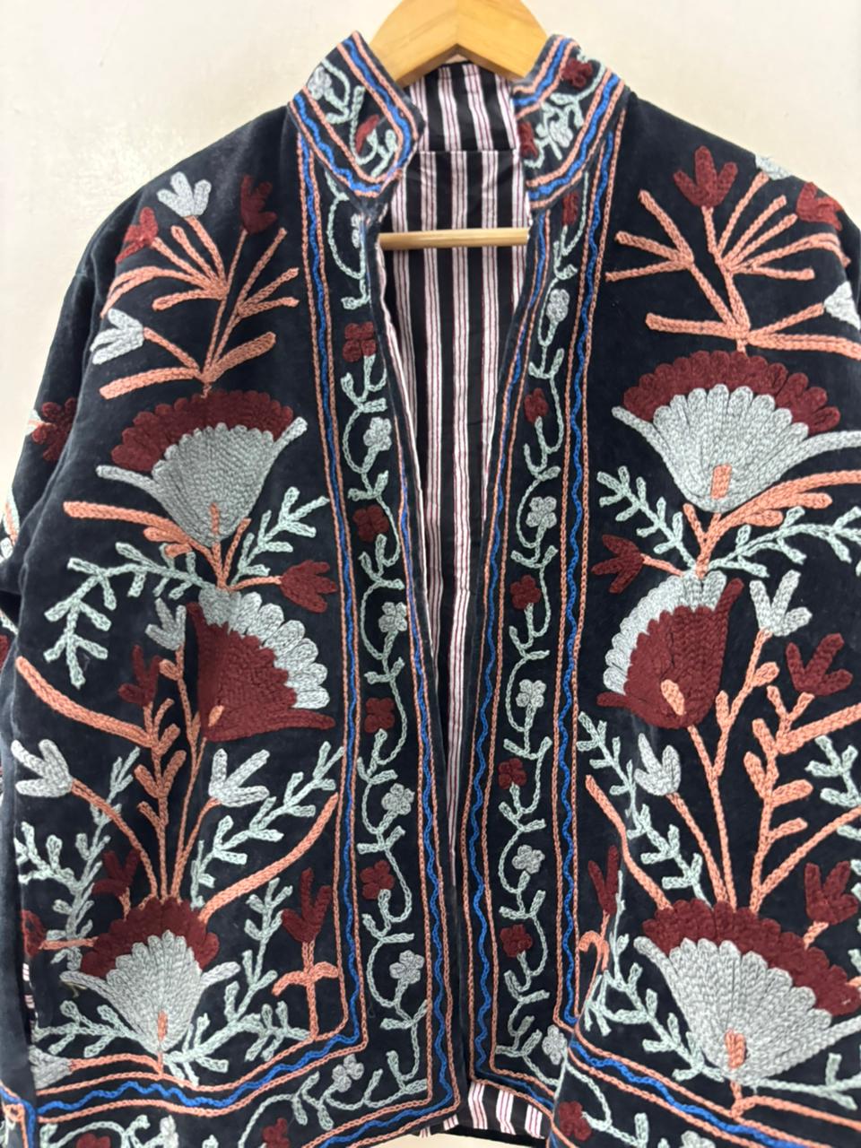 The Midnight Garden — Suzani Hand-Embroidered Velvet Jacket — Noir with Dusty Rose, Slate & Burgundy - Default Title - Zoshak Jacket