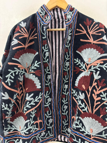 The Midnight Garden — Suzani Hand-Embroidered Velvet Jacket — Noir with Dusty Rose, Slate & Burgundy - Default Title - Zoshak Jacket