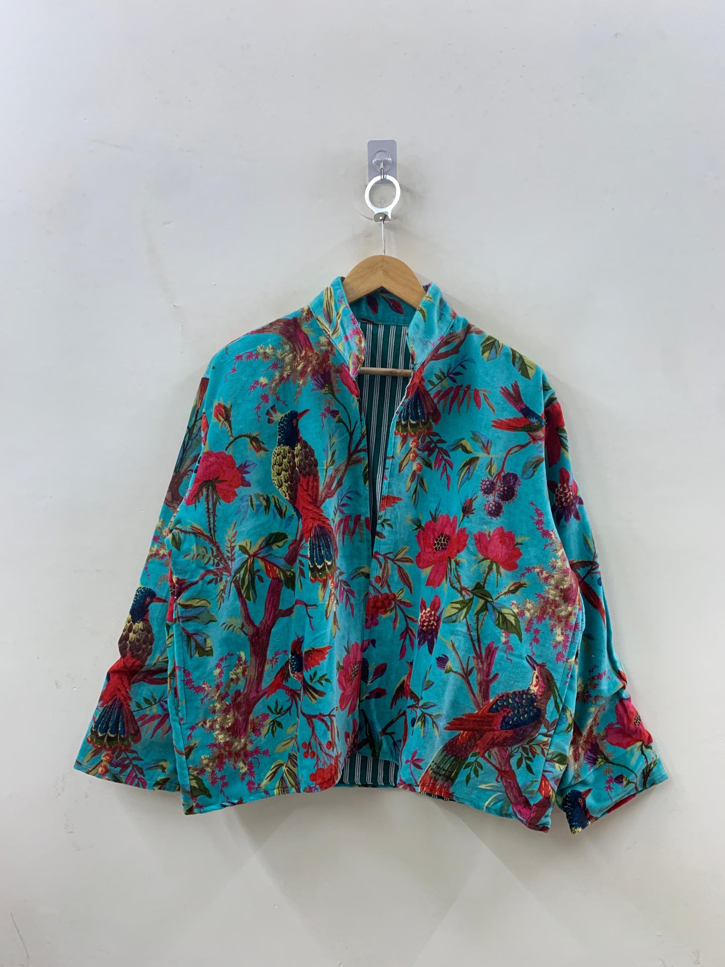 The Turquoise Garden — Printed Velvet Jacket — Turquoise with Botanical Bird Print - Default Title - Zoshak Jacket