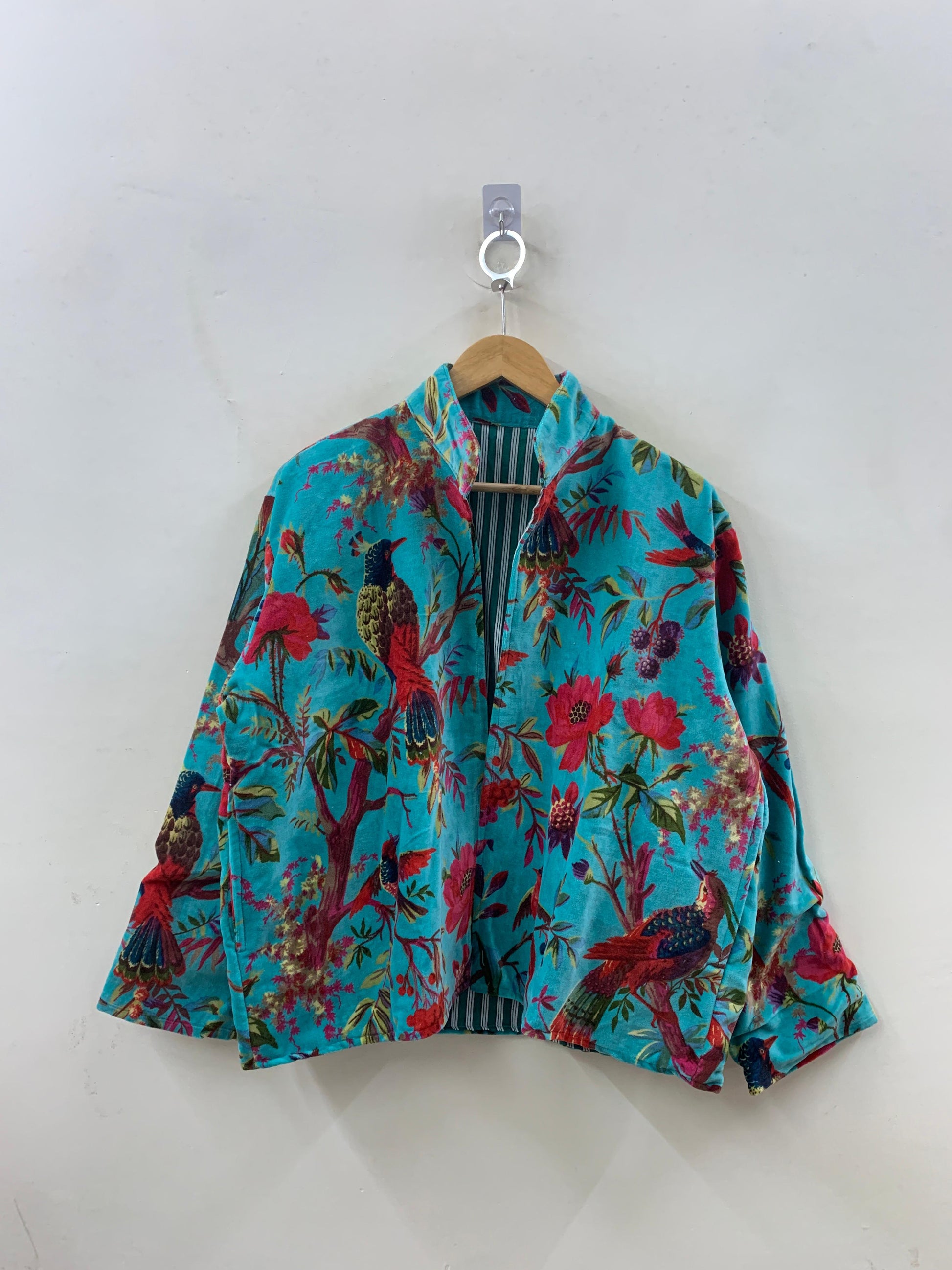 The Turquoise Garden — Printed Velvet Jacket — Turquoise with Botanical Bird Print - Default Title - Zoshak Jacket
