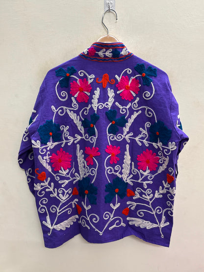 The Violet Suzani — Hand-Embroidered Cotton Jacket — Deep Purple with Fuchsia & Teal Florals
