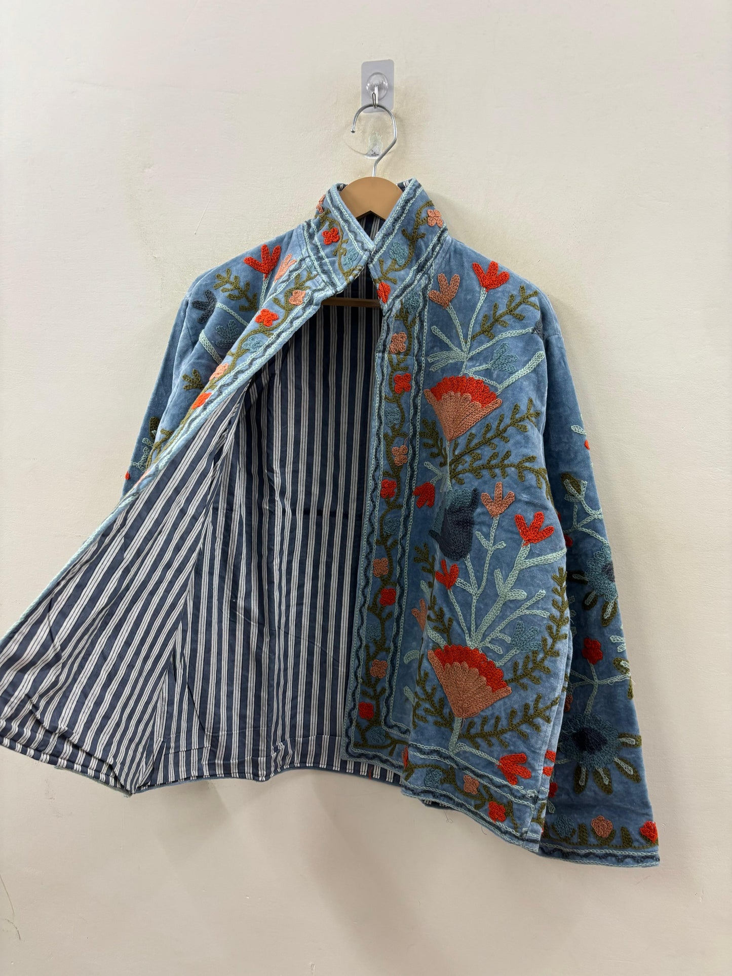 The Poppy Garden — Suzani Embroidered Velvet Jacket — Washed Slate Blue - Default Title - Zoshak Jacket