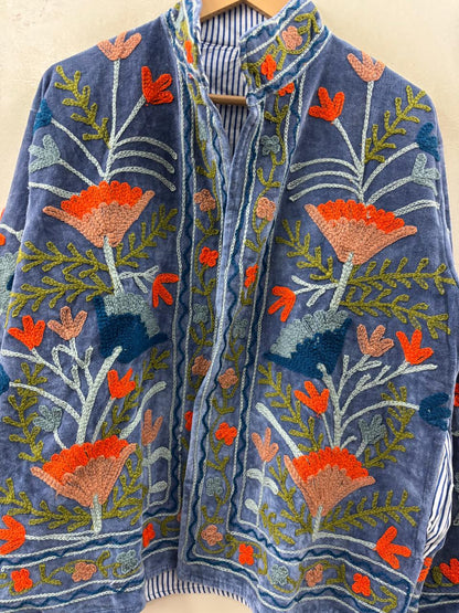 The Marigold Steppe — Suzani Embroidered Velvet Jacket — Indigo Blue