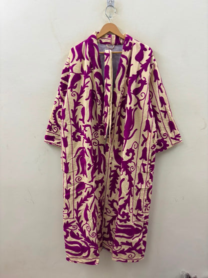 The Bahar Suzani — Hand-Embroidered Velvet Kimono — Ivory & Magenta