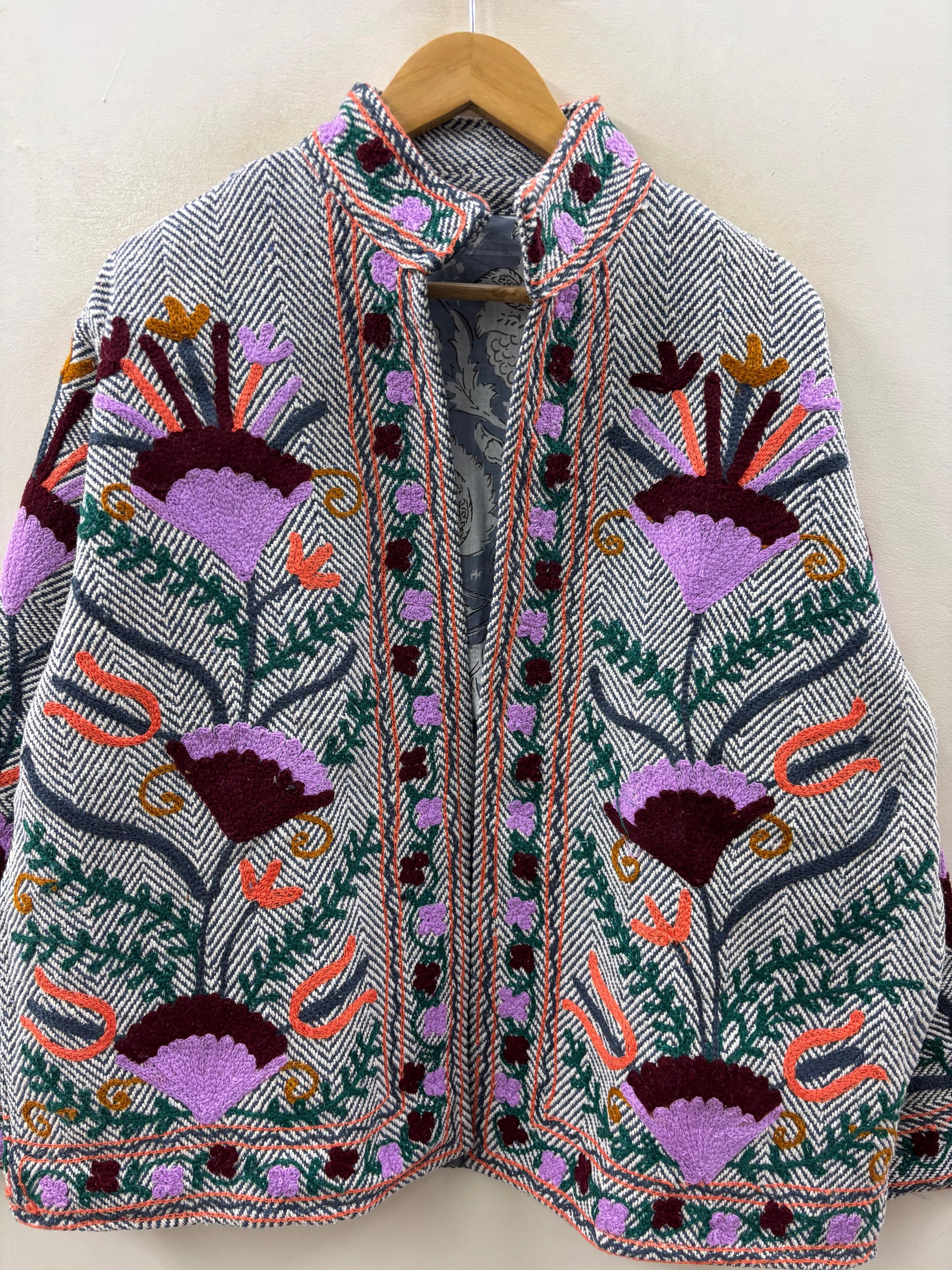 The Garden of Ferghana — Suzani-Inspired Hand-Embroidered Cotton Jacket — Ivory Herringbone - Default Title - Zoshak Jacket