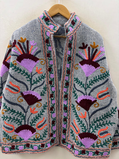 The Garden of Ferghana — Suzani-Inspired Hand-Embroidered Cotton Jacket — Ivory Herringbone - Default Title - Zoshak Jacket