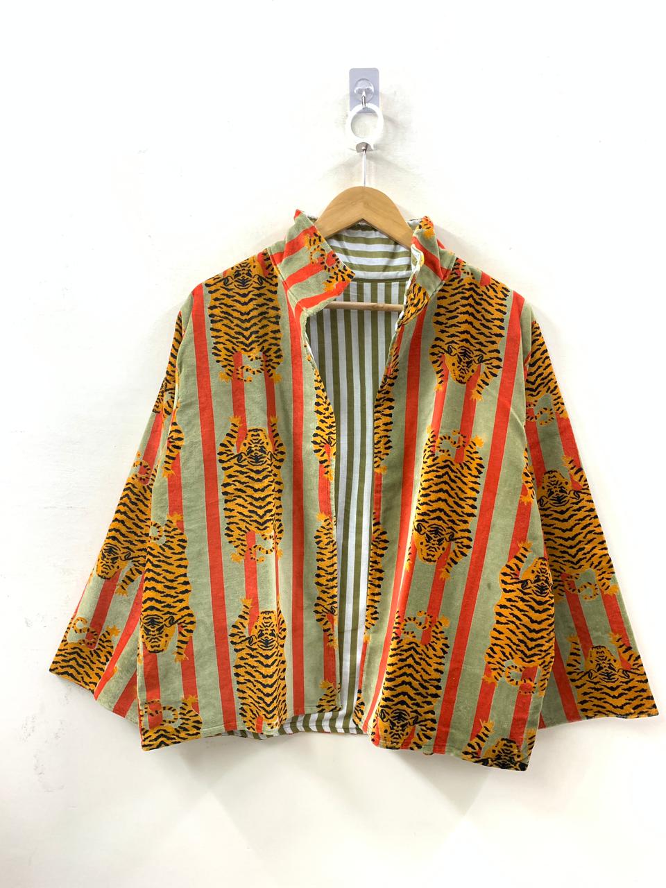 The Sher-e-Jangal — Block Printed Velvet Jacket — Sage, Coral & Tiger Gold - Default Title - Zoshak Jacket