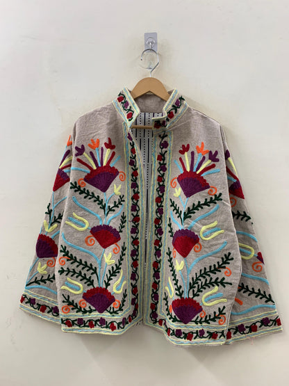 The Garden of Symmetry — Suzani-Inspired Hand-Embroidered Cotton Jacket — Stone Grey - Default Title - Zoshak Jacket