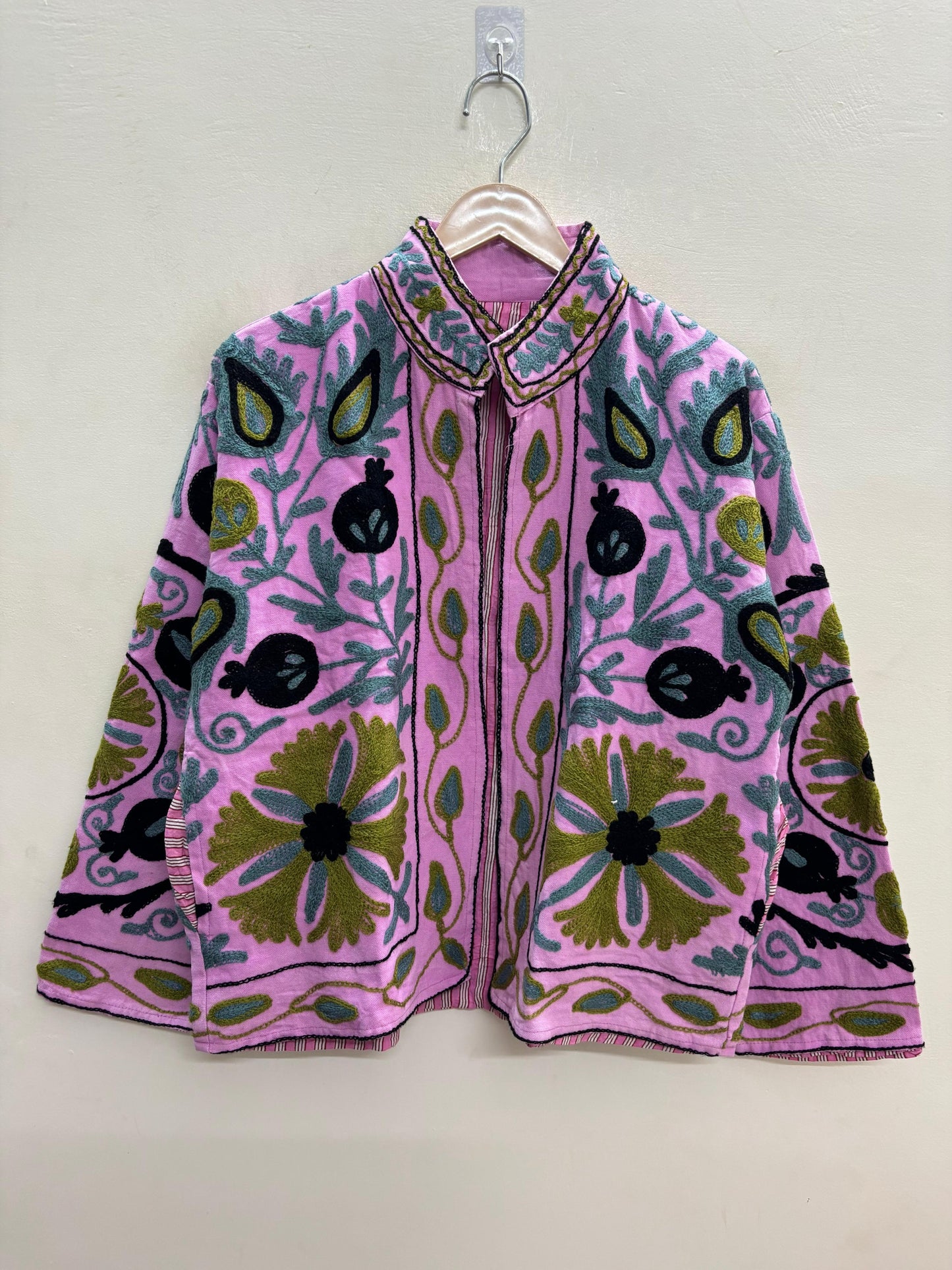 The Bagh-e-Anar — Hand-Embroidered Suzani Cotton Jacket — Orchid Pink with Olive & Slate Motifs