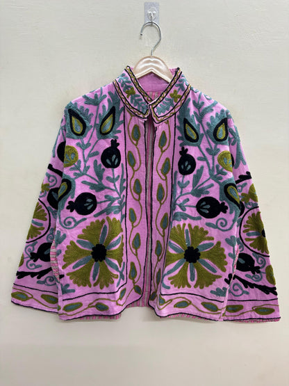 The Bagh-e-Anar — Hand-Embroidered Suzani Cotton Jacket — Orchid Pink with Olive & Slate Motifs