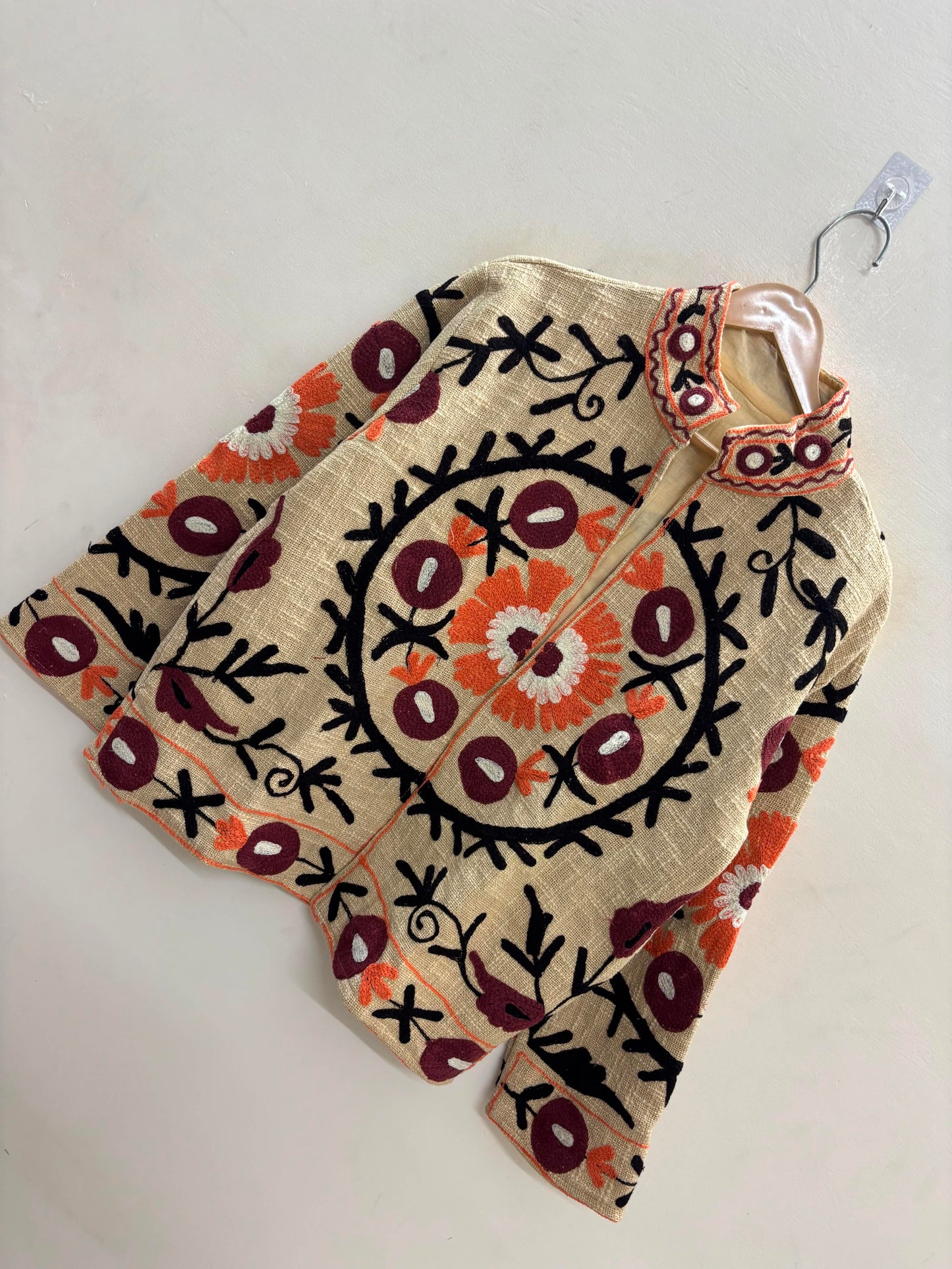 The Anaar Bagh — Suzani Embroidered Cotton Jacket — Ivory with Maroon & Marigold Blooms