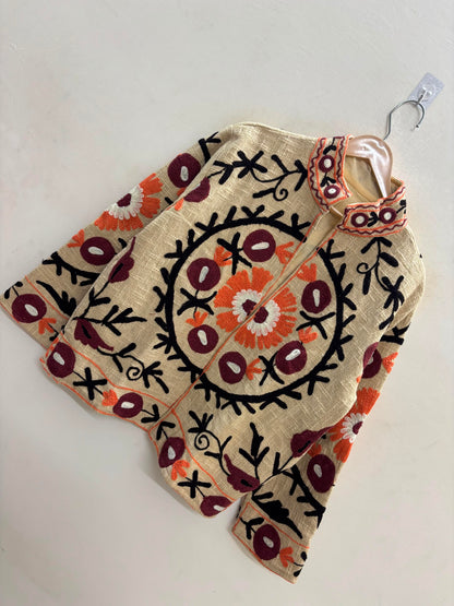 The Anaar Bagh — Suzani Embroidered Cotton Jacket — Ivory with Maroon & Marigold Blooms