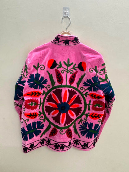 The Bibi Blossom — Suzani Embroidered Velvet Jacket — Bubblegum Pink