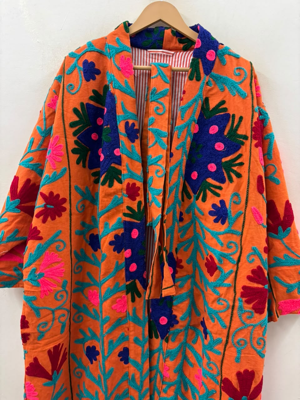 The Marigold Suzani — Hand-Embroidered Wool Kimono — Saffron Orange with Cobalt & Teal Florals