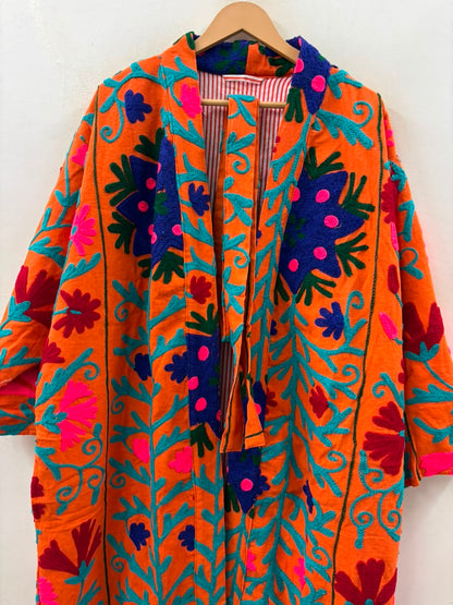 The Marigold Suzani — Hand-Embroidered Wool Kimono — Saffron Orange with Cobalt & Teal Florals
