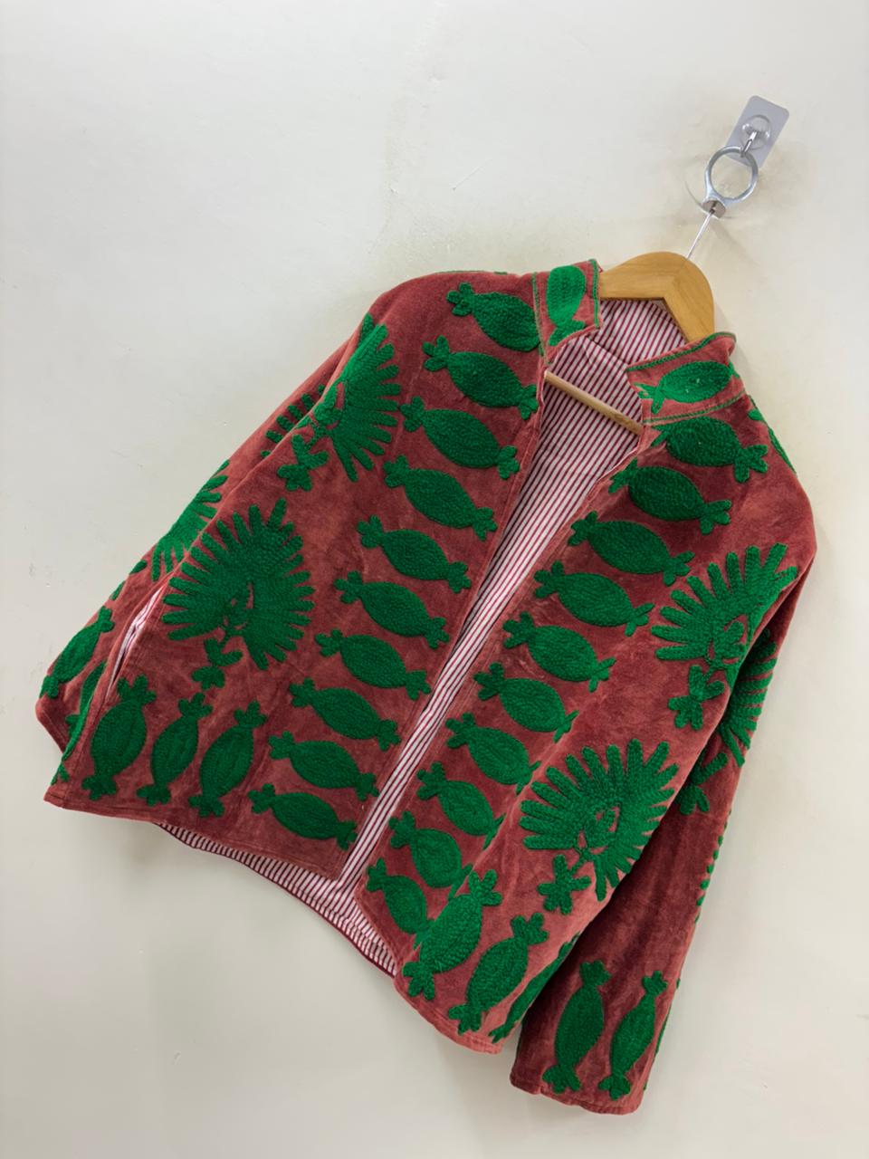 The Melon Garden — Suzani Hand-Embroidered Velvet Jacket — Terracotta & Forest Green - Default Title - Zoshak Jacket