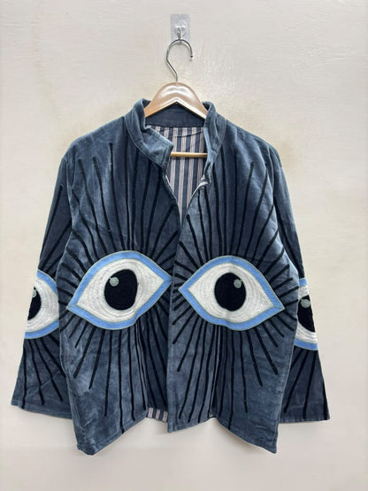 The Watchful Ones — Suzani-Embroidered Velvet Jacket — Slate Blue with Ivory & Cornflower Eyes