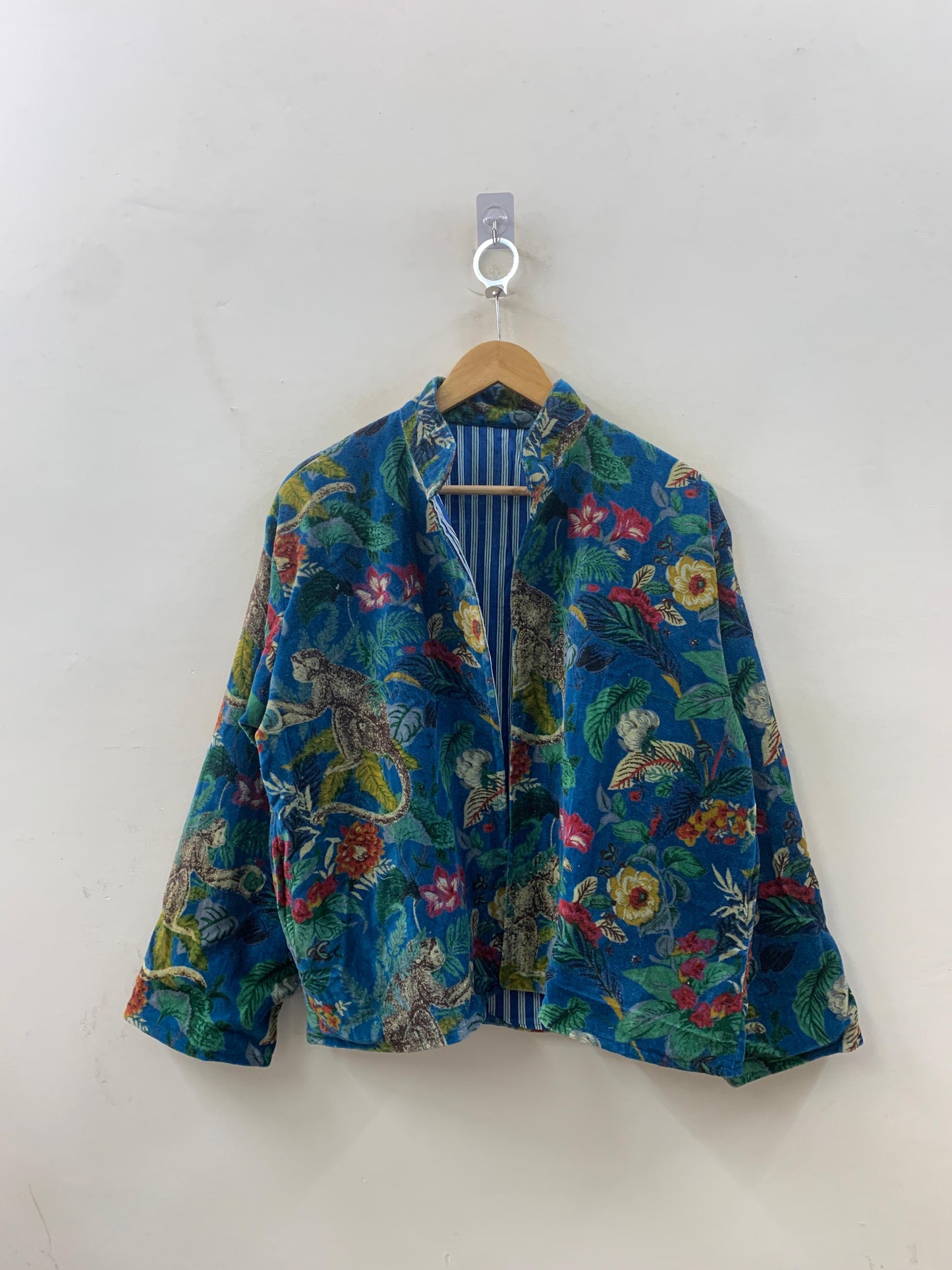 The Jungle Court — Velvet Printed Jacket — Cobalt Blue with Botanical & Monkey Motifs - Default Title - Zoshak Jacket