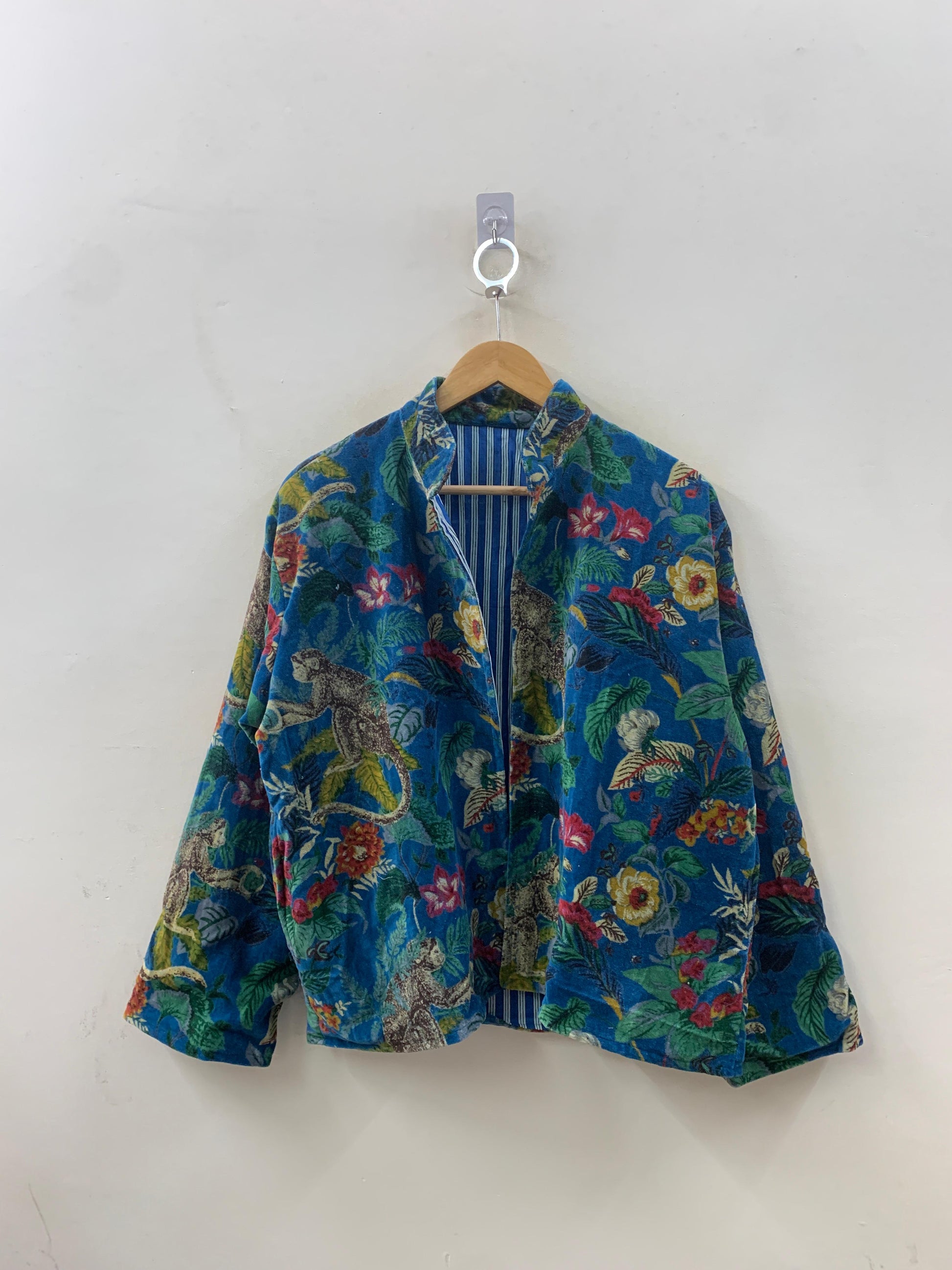 The Jungle Court — Velvet Printed Jacket — Cobalt Blue with Botanical & Monkey Motifs - Default Title - Zoshak Jacket