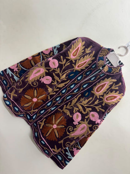 The Shiraz Anar — Suzani Hand-Embroidered Velvet Jacket — Aubergine Plum with Rust, Pink & Teal Florals