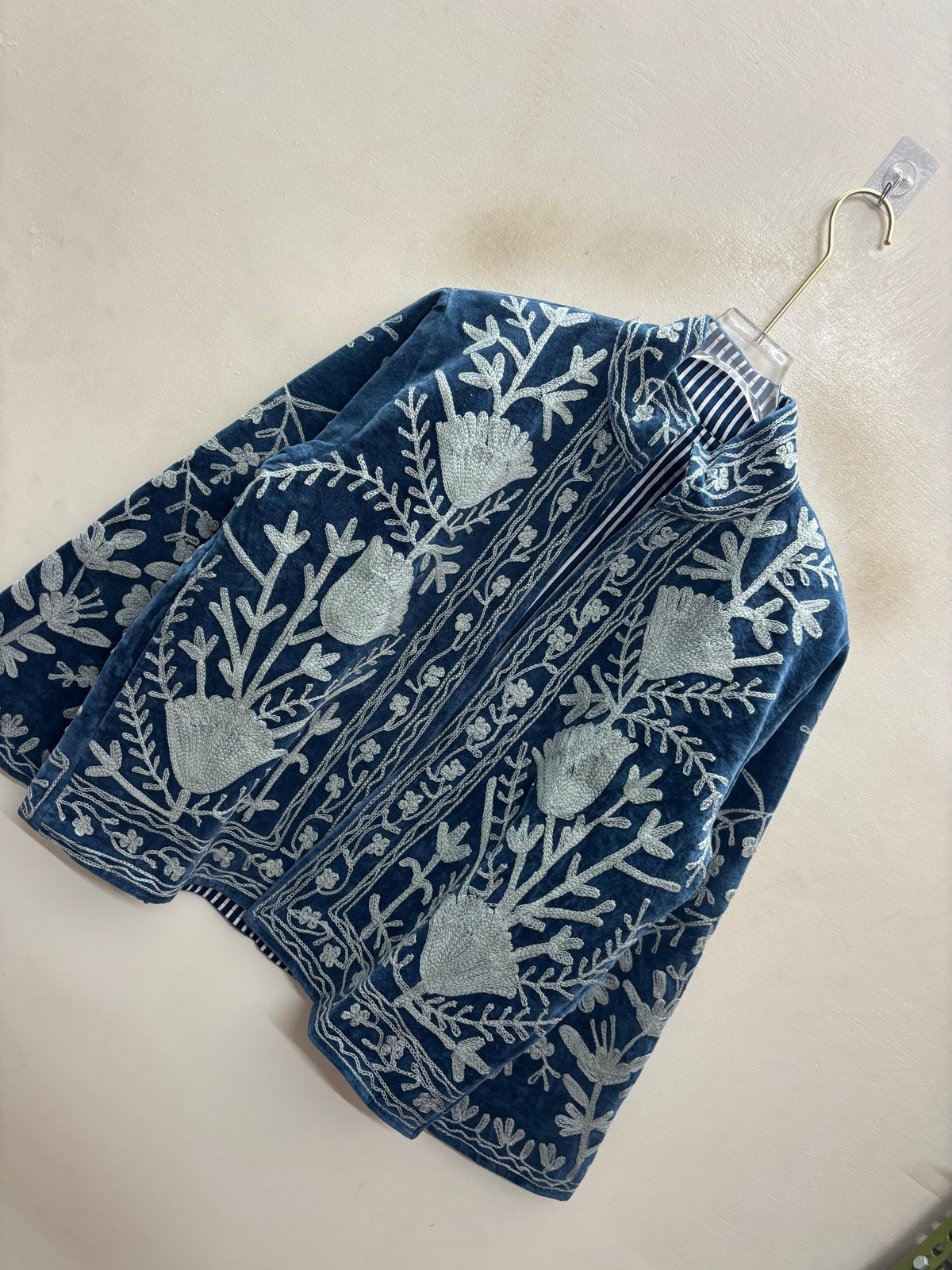 The Snowvine Thicket — Suzani Hand-Embroidered Velvet Jacket — Denim Blue with Ivory Floral Vinework