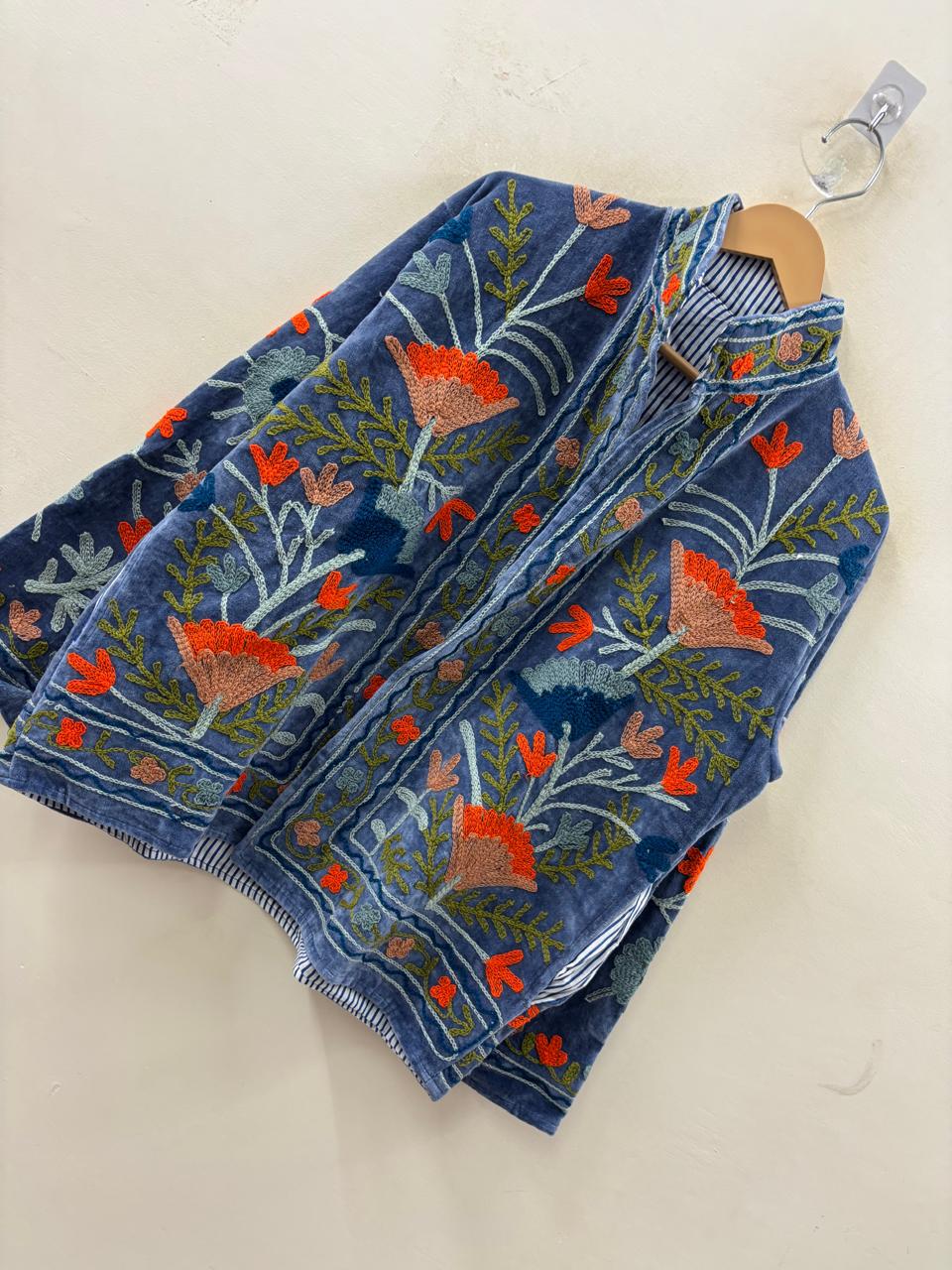 The Marigold Steppe — Suzani Embroidered Velvet Jacket — Indigo Blue