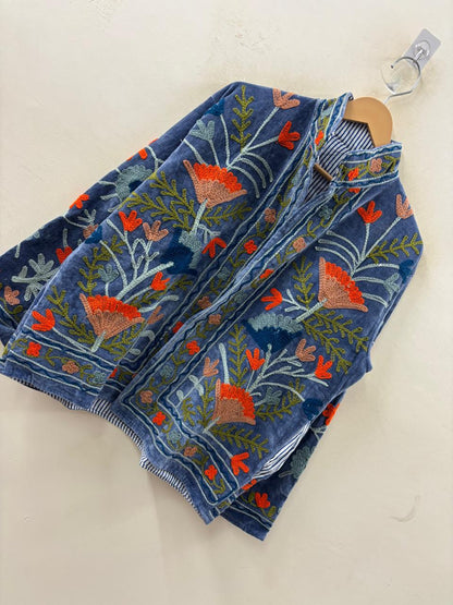 The Marigold Steppe — Suzani Embroidered Velvet Jacket — Indigo Blue
