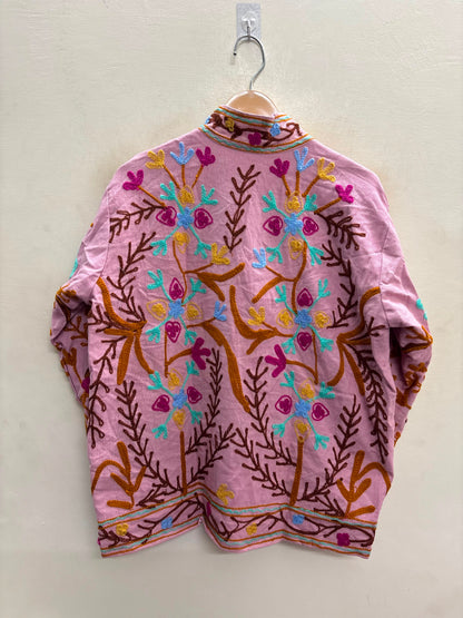 The Blossom Trellis — Suzani-Style Hand-Embroidered Cotton Jacket — Blush Pink