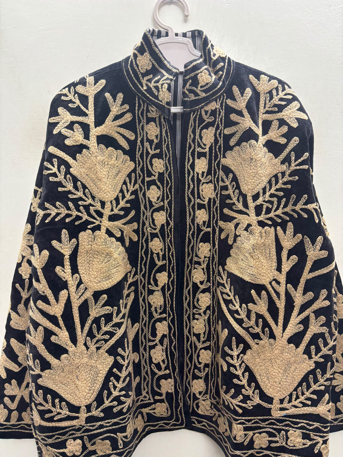 The Tilla Noir — Suzani Hand-Embroidered Velvet Jacket — Jet Black with Antique Gold Tulip & Vine Motifs