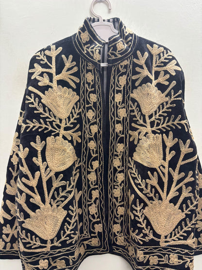 The Tilla Noir — Suzani Hand-Embroidered Velvet Jacket — Jet Black with Antique Gold Tulip & Vine Motifs