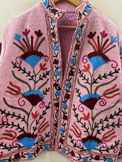 The Rose Garden Wanderer — Suzani-Inspired Hand-Embroidered Cotton Jacket — Dusty Rose Herringbone - Default Title - Zoshak Jacket