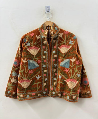 The Marwar Bloom — Suzani Embroidered Velvet Jacket — Rust Amber with Indigo & Ivory Florals