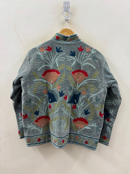 The Buzkashi Garden — Suzani Hand-Embroidered Velvet Jacket — Slate Blue - Default Title - Zoshak Jacket