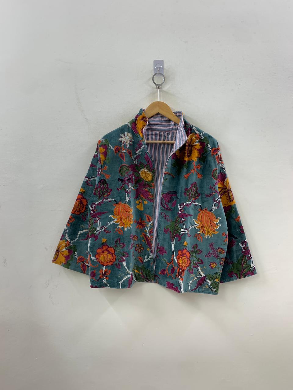The Teal Garden — Block Printed Velvet Jacket — Teal & Saffron Floral - Default Title - Zoshak Jacket