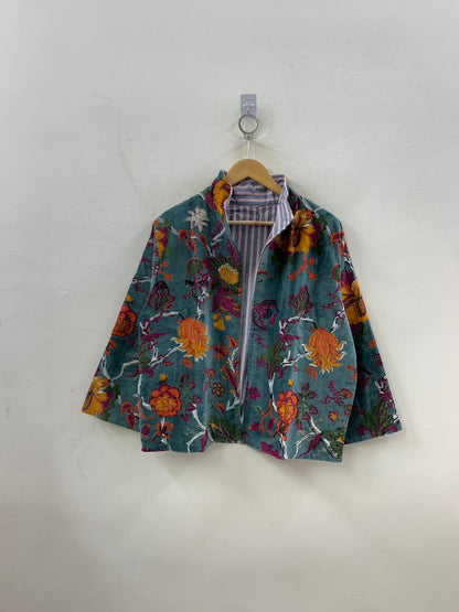 The Teal Garden — Block Printed Velvet Jacket — Teal & Saffron Floral - Default Title - Zoshak Jacket