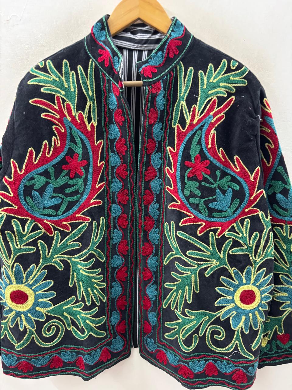 The Samarkand Garden — Suzani Hand-Embroidered Velvet Jacket — Midnight Black