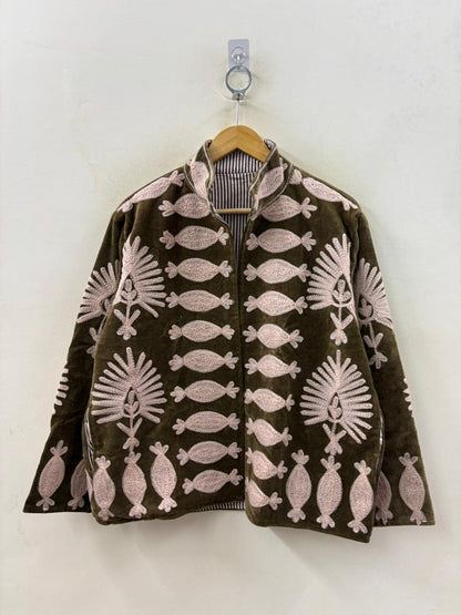 The Forest Bloom — Suzani Hand-Embroidered Velvet Jacket — Moss & Blush - Default Title - Zoshak Jacket
