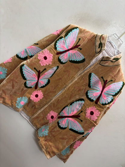 The Parwana Bostan — Suzani Hand-Embroidered Velvet Jacket — Camel Gold with Pink, Turquoise & Maroon Butterflies