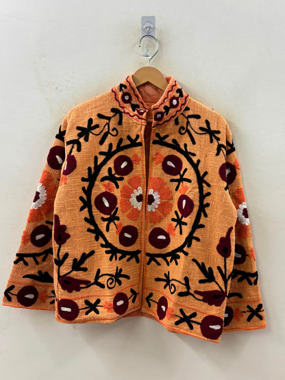 The Marigold Suzani — Hand-Embroidered Cotton Jacket — Saffron with Wine & Ivory Blooms