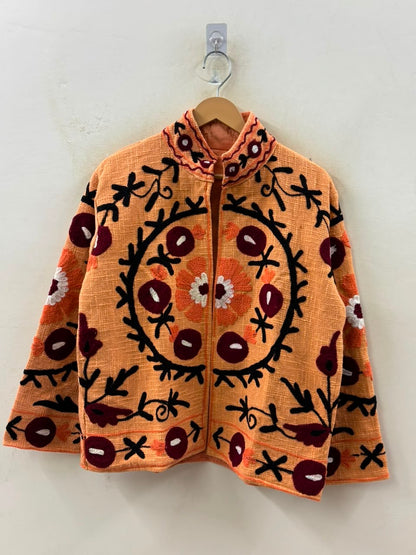 The Marigold Suzani — Hand-Embroidered Cotton Jacket — Saffron with Wine & Ivory Blooms