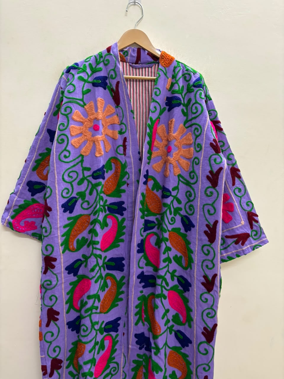 The Lavender Bagh — Suzani Hand-Embroidered Cotton Long Jacket — Lilac with Marigold & Fuchsia Florals
