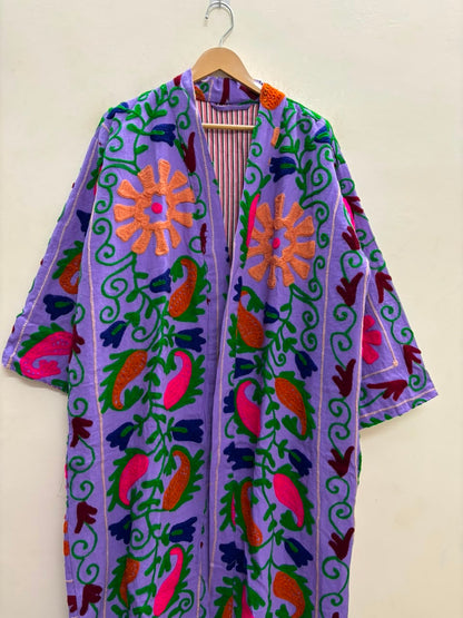 The Lavender Bagh — Suzani Hand-Embroidered Cotton Long Jacket — Lilac with Marigold & Fuchsia Florals