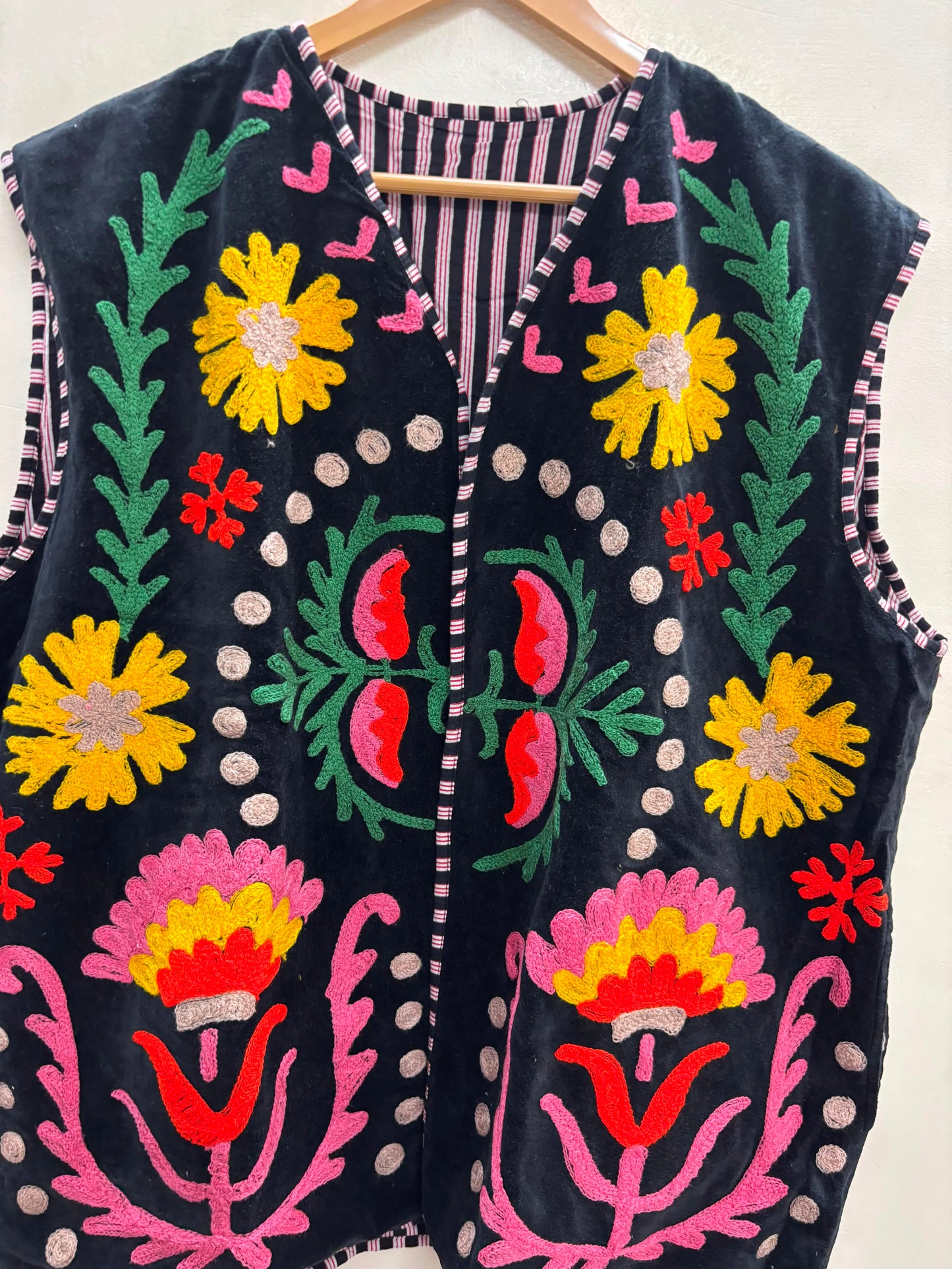 The Marigold Bloom — Suzani Embroidered Velvet Vest — Jet Black with Sunflower Gold & Rose Pink