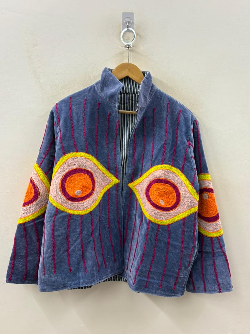The Awakened Eye — Suzani Hand-Embroidered Velvet Jacket — Slate Blue with Saffron & Magenta - Default Title - Zoshak Jacket